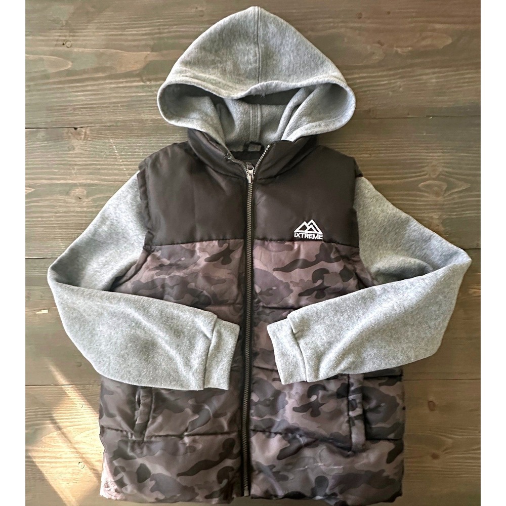 iXtreme Boys Hooded Puffer Vest Jacket Camo Gray Zip Front‎ Youth Size 18